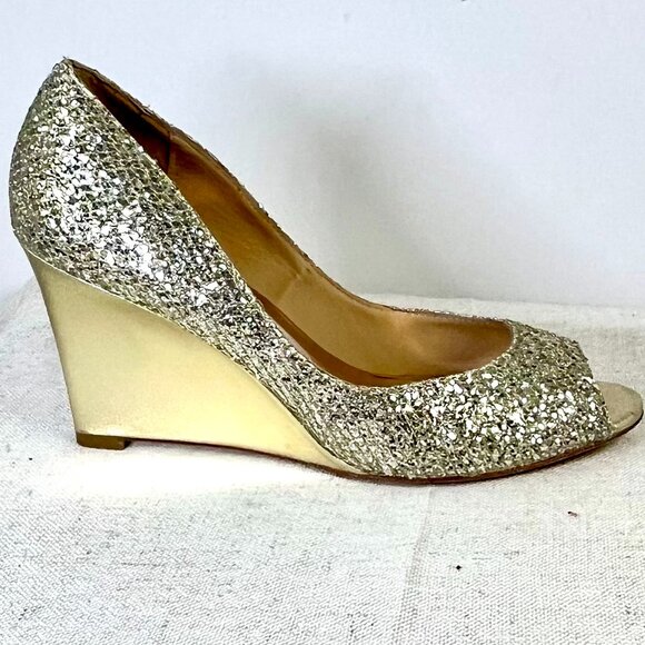 Badgley Mischka Gold Glitter Wedge Heels Size 7 1/2 - Picture 6 of 16